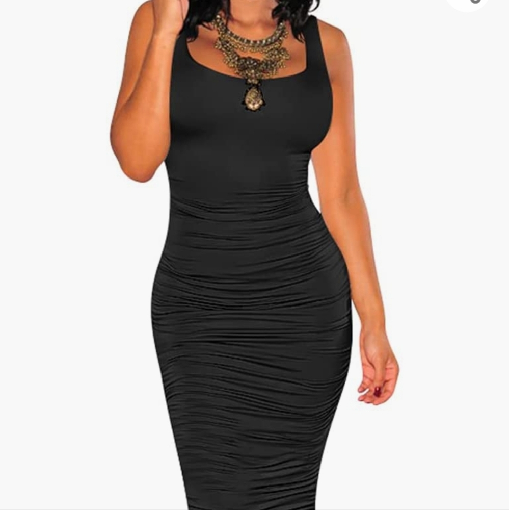 Sexy, ruched bodycon, casual, sleeveless, tank, midi dress Sz. M black